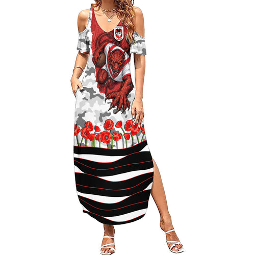 Personalized Dragons ANZAC Tribute Family Matching Summer Maxi Dress and Hawaiian Shirt Poppy Field Soldier Silhouette Aboriginal Rugby Mascot