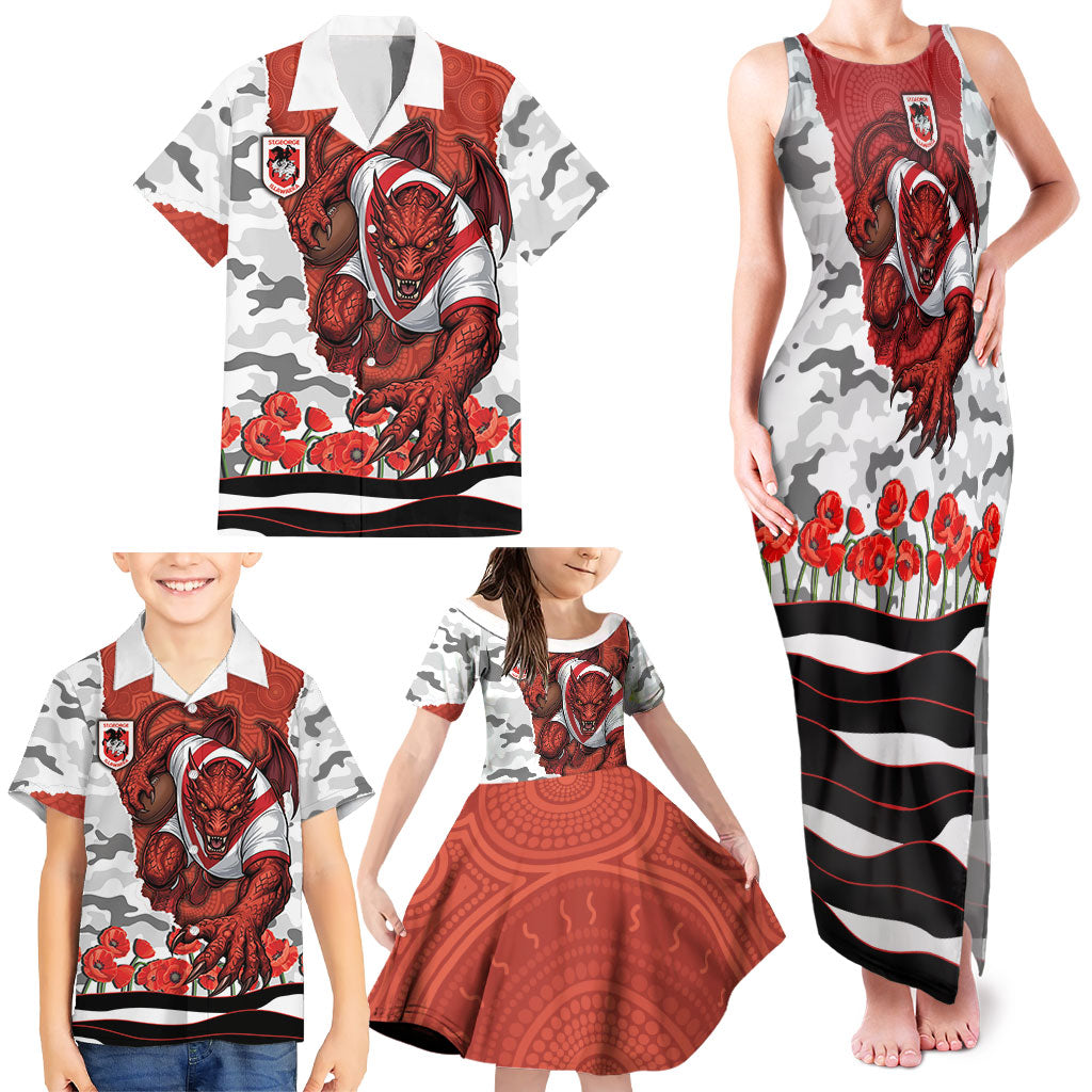 Personalized Dragons ANZAC Tribute Family Matching Tank Maxi Dress and Hawaiian Shirt Poppy Field Soldier Silhouette Aboriginal Rugby Mascot