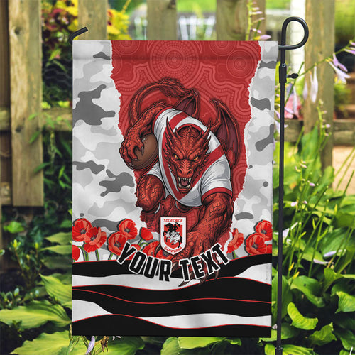 Personalized Dragons ANZAC Tribute Garden Flag Poppy Field Soldier Silhouette Aboriginal Rugby Mascot