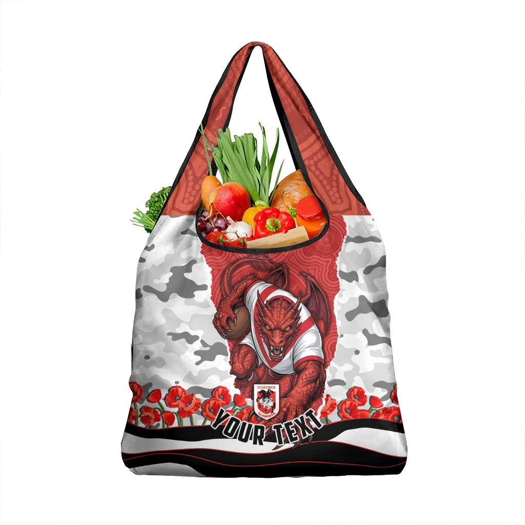 Personalized Dragons ANZAC Tribute Grocery Bag Poppy Field Soldier Silhouette Aboriginal Rugby Mascot