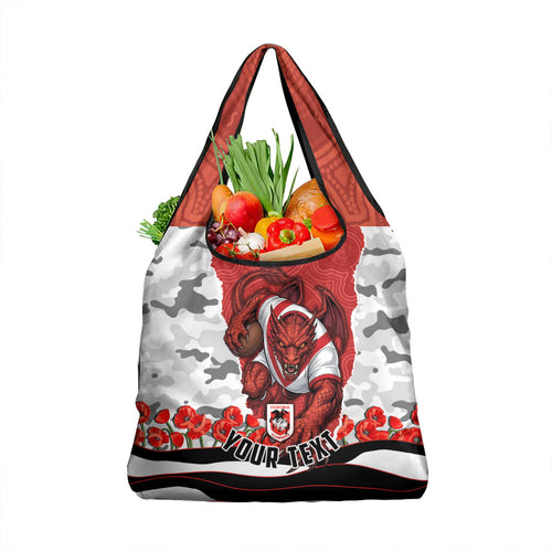 Personalized Dragons ANZAC Tribute Grocery Bag Poppy Field Soldier Silhouette Aboriginal Rugby Mascot