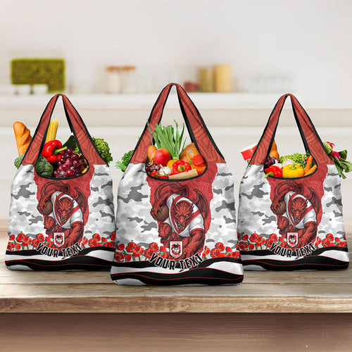 Personalized Dragons ANZAC Tribute Grocery Bag Poppy Field Soldier Silhouette Aboriginal Rugby Mascot
