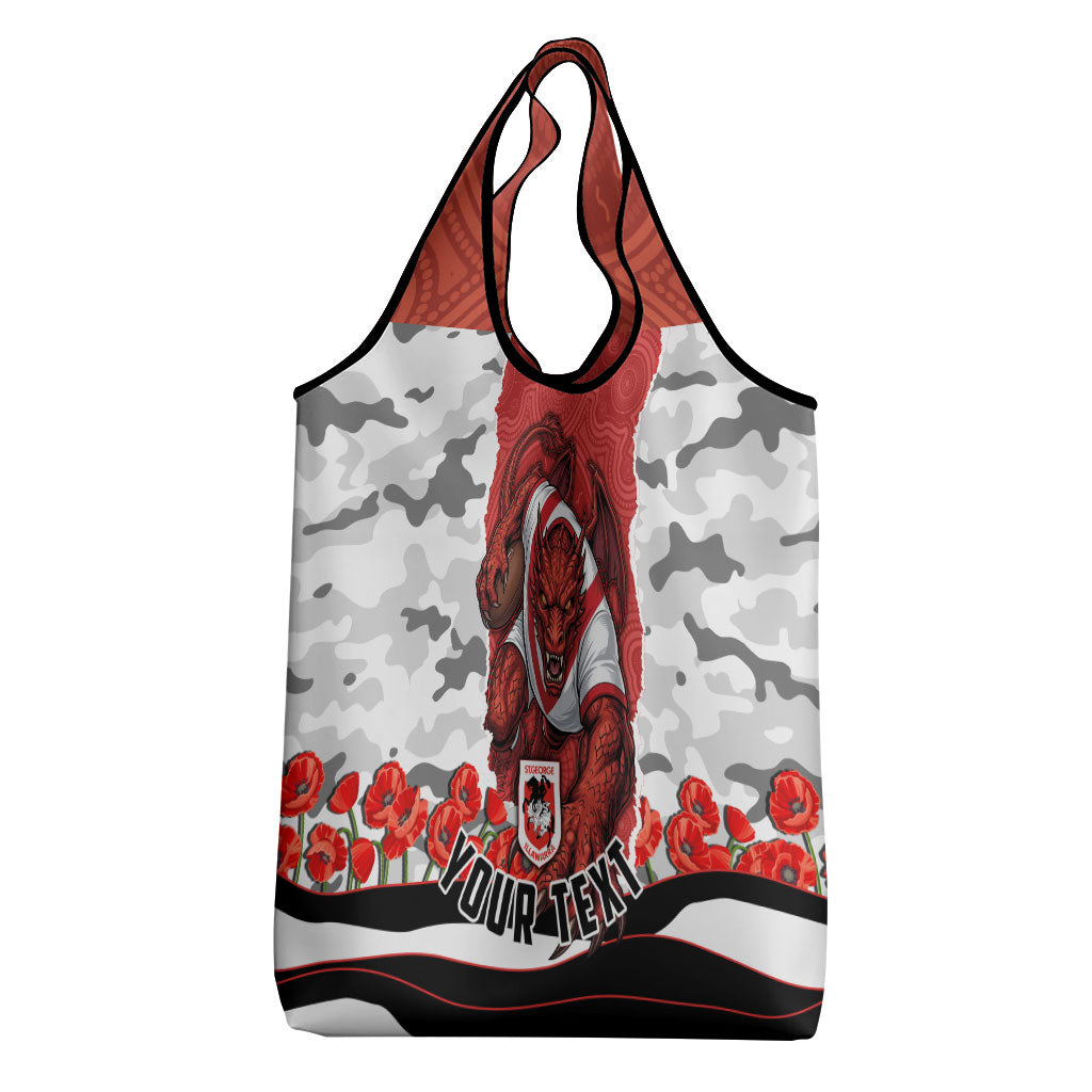 Personalized Dragons ANZAC Tribute Grocery Bag Poppy Field Soldier Silhouette Aboriginal Rugby Mascot