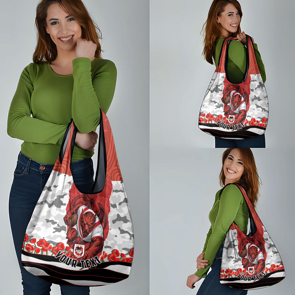 Personalized Dragons ANZAC Tribute Grocery Bag Poppy Field Soldier Silhouette Aboriginal Rugby Mascot