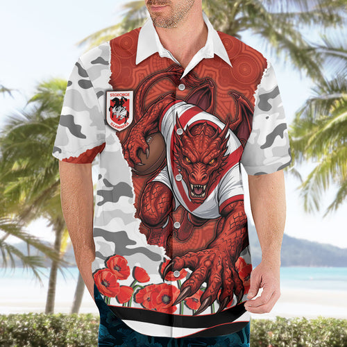 Personalized Dragons ANZAC Tribute Hawaiian Shirt Poppy Field Soldier Silhouette Aboriginal Rugby Mascot
