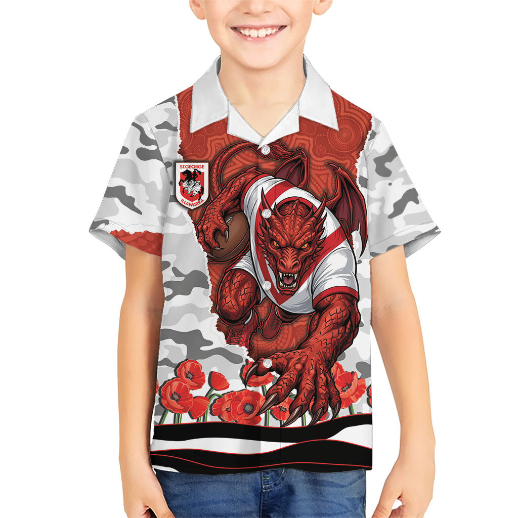 Personalized Dragons ANZAC Tribute Hawaiian Shirt Poppy Field Soldier Silhouette Aboriginal Rugby Mascot