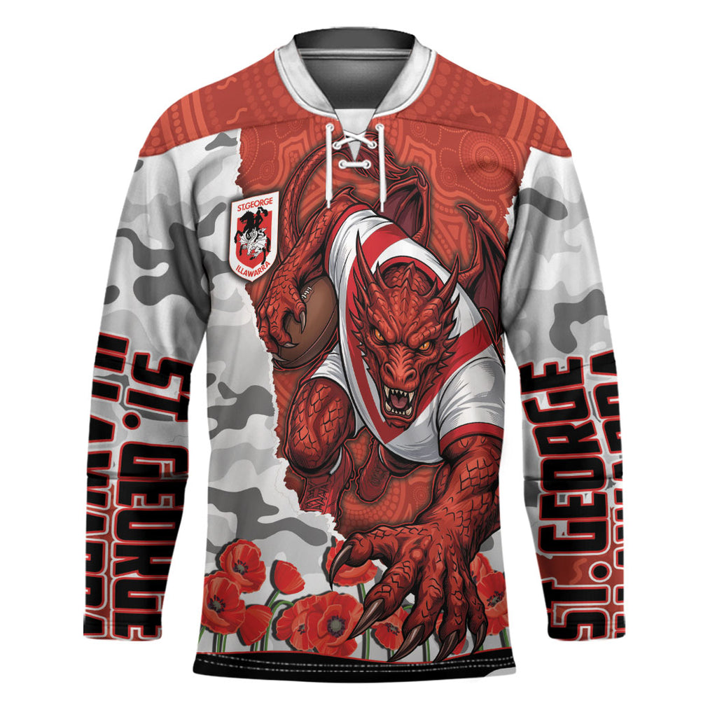 Personalized Dragons ANZAC Tribute Hockey Jersey Poppy Field Soldier Silhouette Aboriginal Rugby Mascot