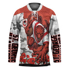 Personalized Dragons ANZAC Tribute Hockey Jersey Poppy Field Soldier Silhouette Aboriginal Rugby Mascot