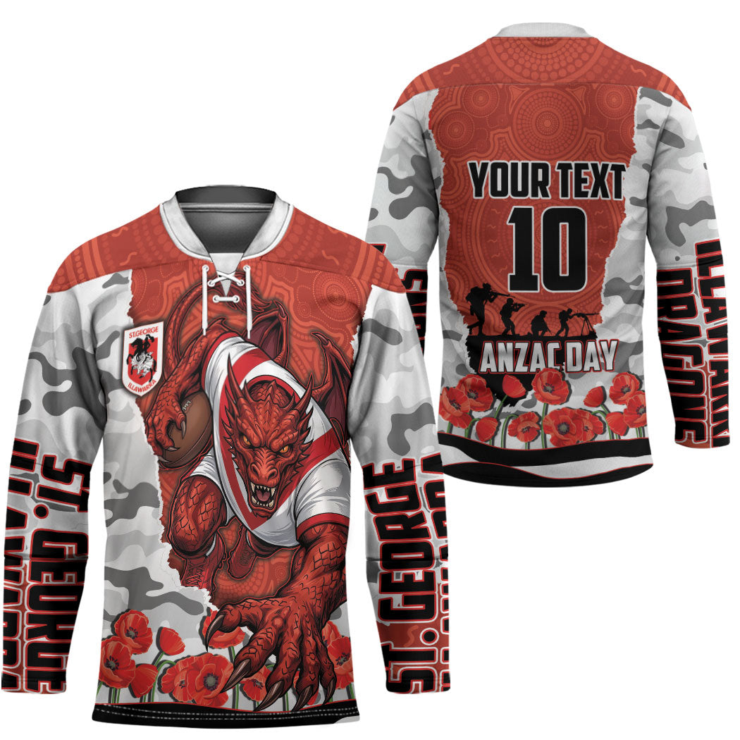 Personalized Dragons ANZAC Tribute Hockey Jersey Poppy Field Soldier Silhouette Aboriginal Rugby Mascot