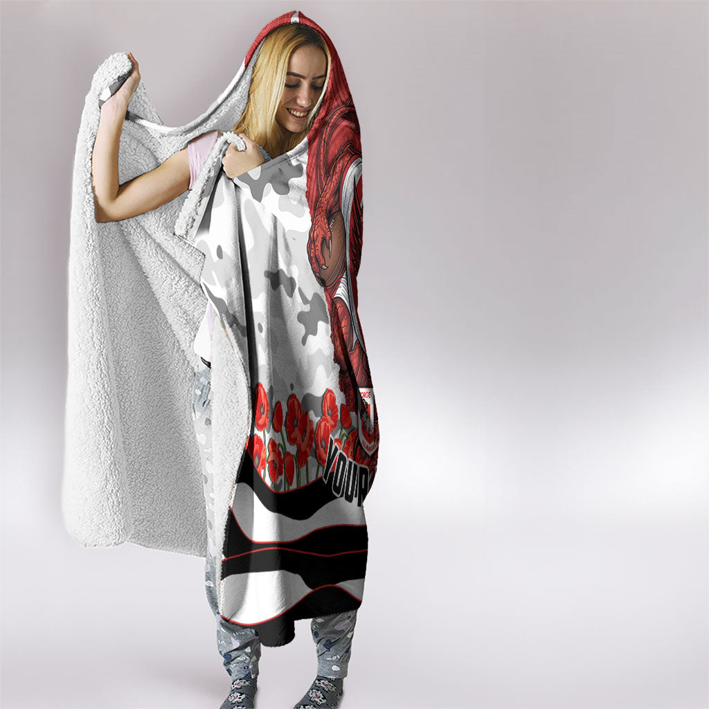 Personalized Dragons ANZAC Tribute Hooded Blanket Poppy Field Soldier Silhouette Aboriginal Rugby Mascot