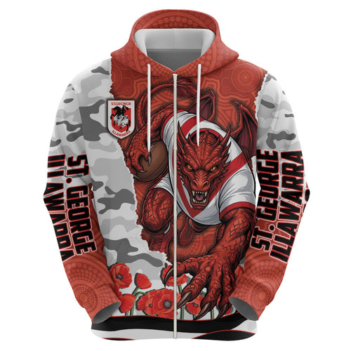 Personalized Dragons ANZAC Tribute Hoodie Poppy Field Soldier Silhouette Aboriginal Rugby Mascot
