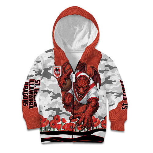 Personalized Dragons ANZAC Tribute Kid Hoodie Poppy Field Soldier Silhouette Aboriginal Rugby Mascot