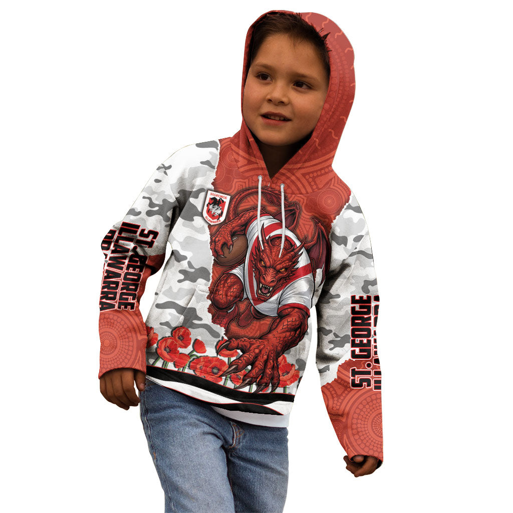 Personalized Dragons ANZAC Tribute Kid Hoodie Poppy Field Soldier Silhouette Aboriginal Rugby Mascot