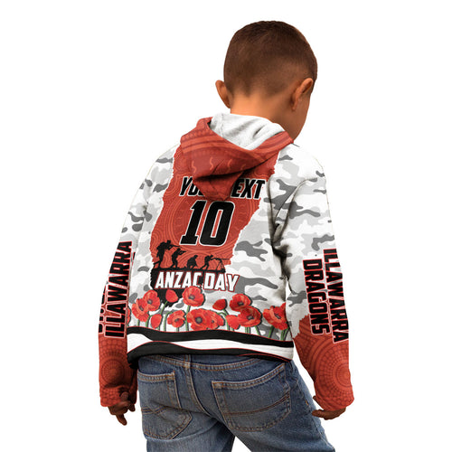 Personalized Dragons ANZAC Tribute Kid Hoodie Poppy Field Soldier Silhouette Aboriginal Rugby Mascot