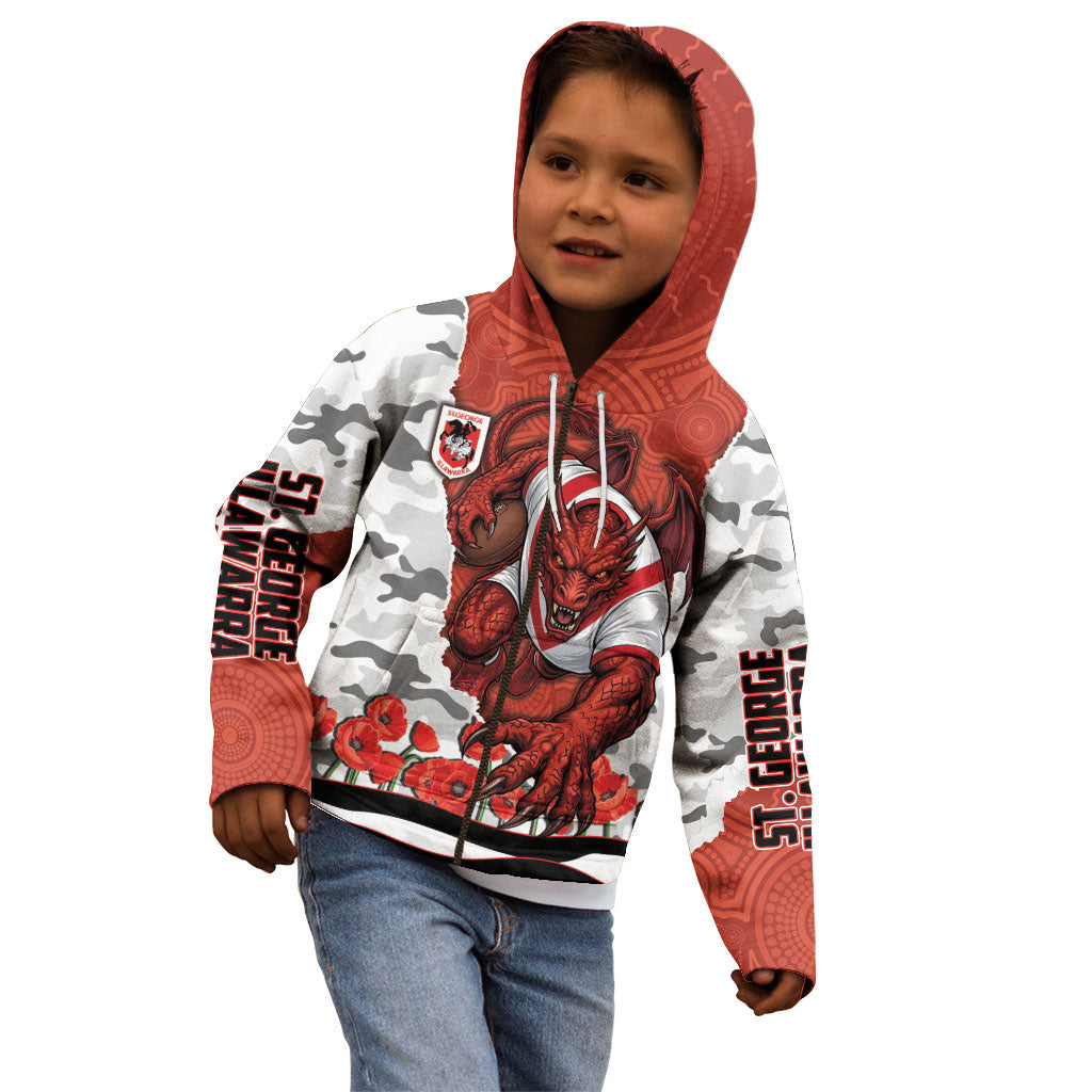 Personalized Dragons ANZAC Tribute Kid Hoodie Poppy Field Soldier Silhouette Aboriginal Rugby Mascot