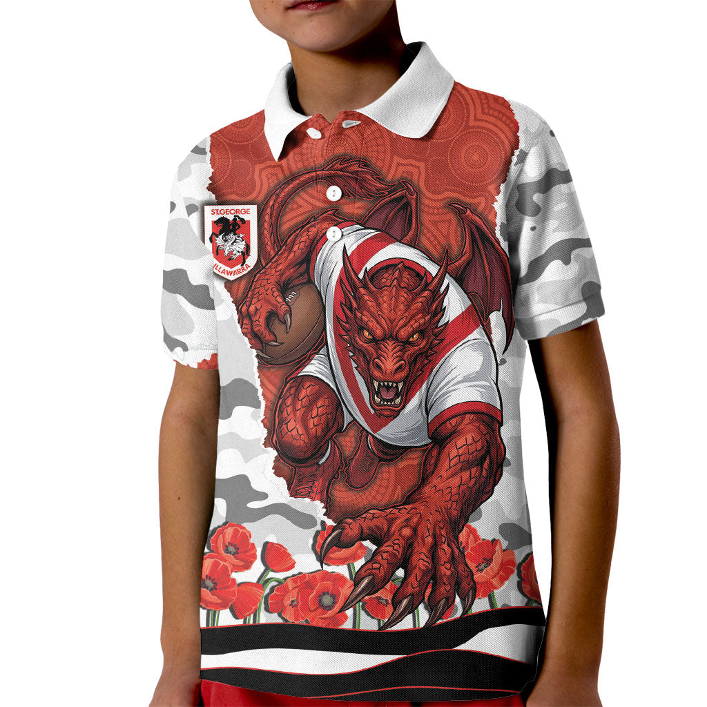 Personalized Dragons ANZAC Tribute Kid Polo Shirt Poppy Field Soldier Silhouette Aboriginal Rugby Mascot