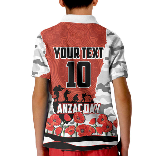 Personalized Dragons ANZAC Tribute Kid Polo Shirt Poppy Field Soldier Silhouette Aboriginal Rugby Mascot