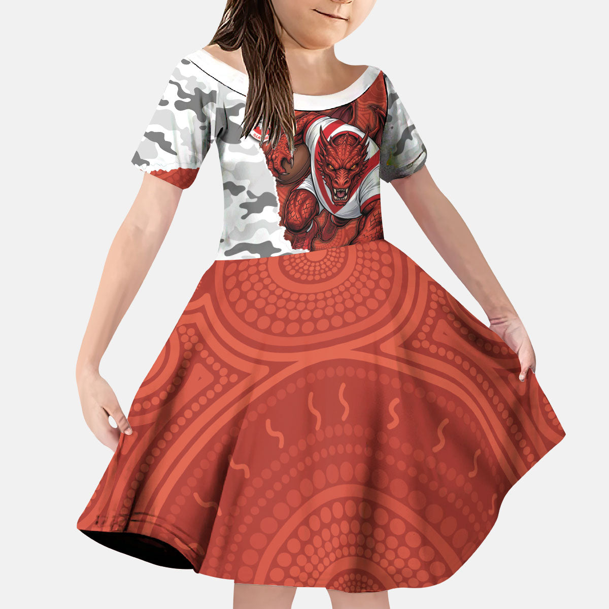 Personalized Dragons ANZAC Tribute Kid Short Sleeve Dress Poppy Field Soldier Silhouette Aboriginal Rugby Mascot