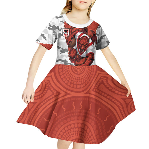 Personalized Dragons ANZAC Tribute Kid Short Sleeve Dress Poppy Field Soldier Silhouette Aboriginal Rugby Mascot