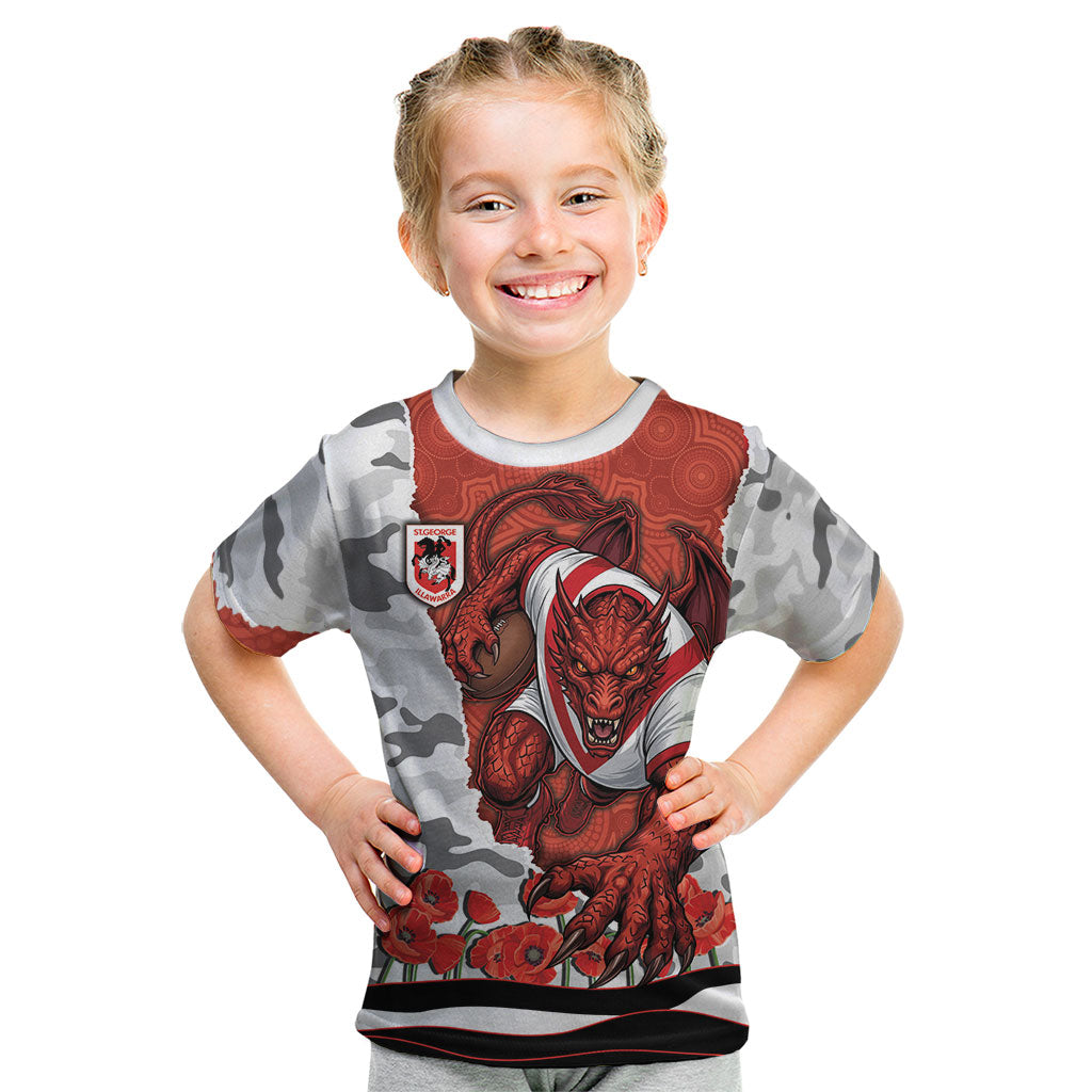 Personalized Dragons ANZAC Tribute Kid T Shirt Poppy Field Soldier Silhouette Aboriginal Rugby Mascot