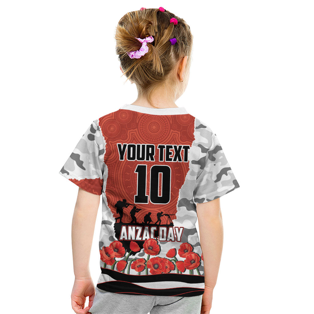 Personalized Dragons ANZAC Tribute Kid T Shirt Poppy Field Soldier Silhouette Aboriginal Rugby Mascot