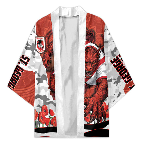 Personalized Dragons ANZAC Tribute Kimono Poppy Field Soldier Silhouette Aboriginal Rugby Mascot