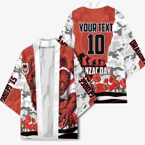 Personalized Dragons ANZAC Tribute Kimono Poppy Field Soldier Silhouette Aboriginal Rugby Mascot