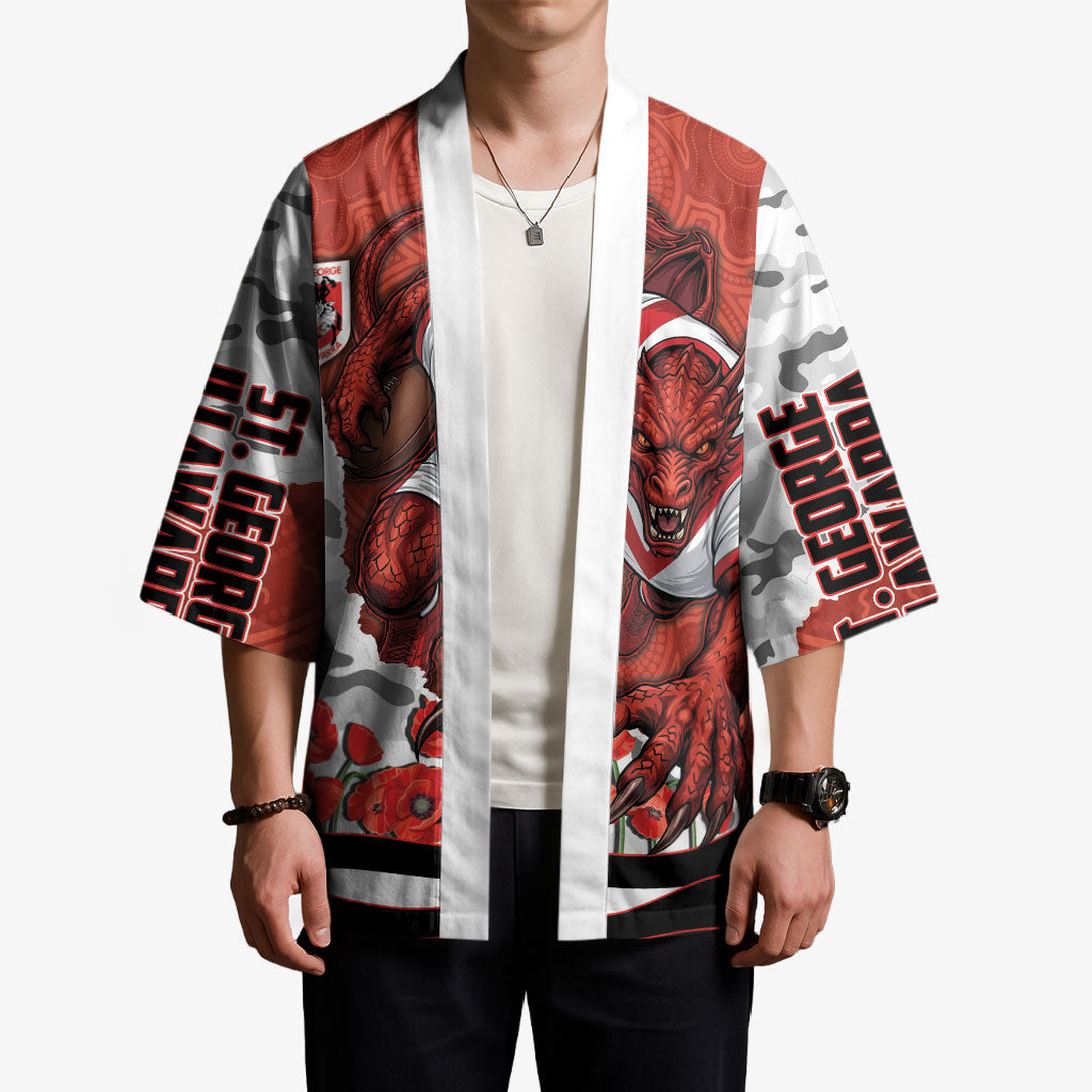 Personalized Dragons ANZAC Tribute Kimono Poppy Field Soldier Silhouette Aboriginal Rugby Mascot