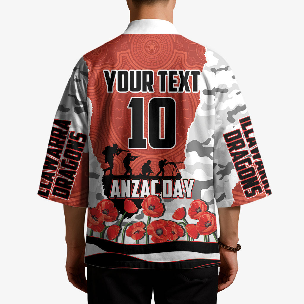 Personalized Dragons ANZAC Tribute Kimono Poppy Field Soldier Silhouette Aboriginal Rugby Mascot