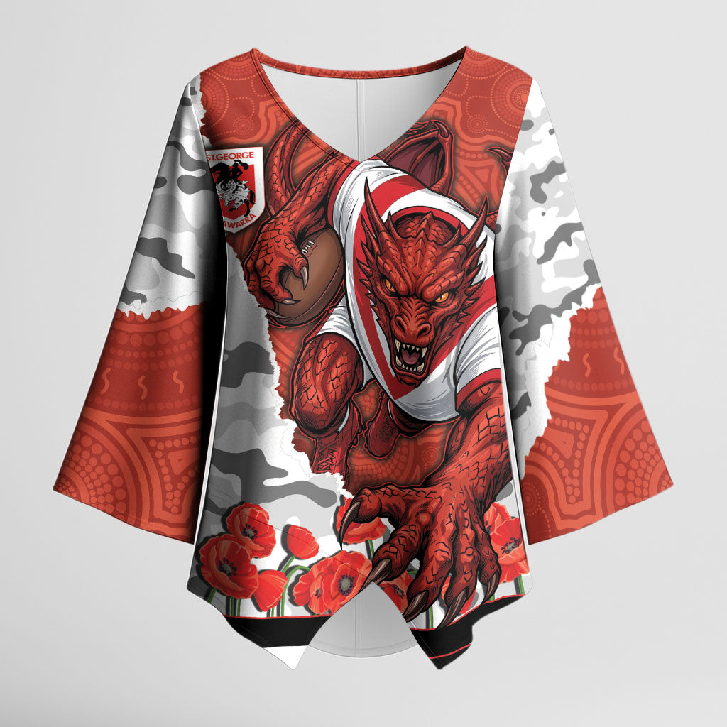 Personalized Dragons ANZAC Tribute Kimono Sleeve Blouse Poppy Field Soldier Silhouette Aboriginal Rugby Mascot