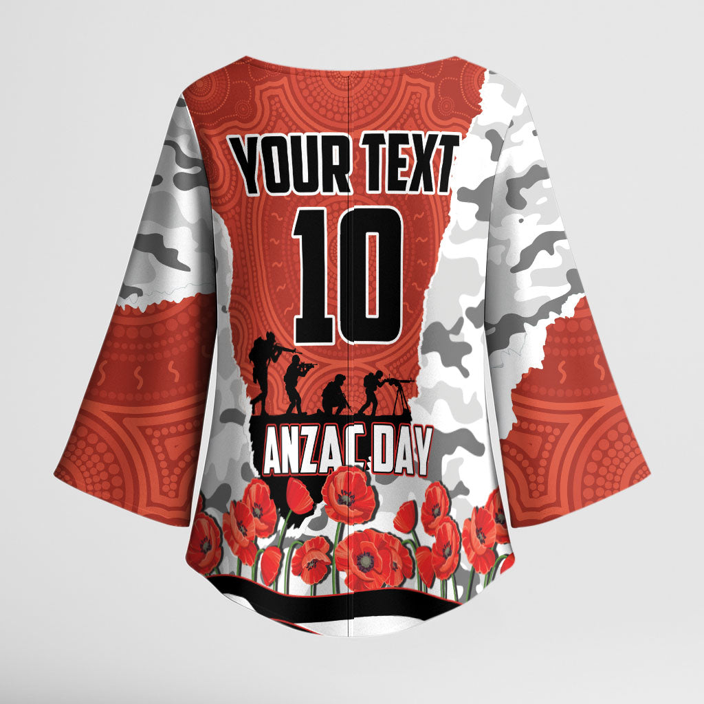 Personalized Dragons ANZAC Tribute Kimono Sleeve Blouse Poppy Field Soldier Silhouette Aboriginal Rugby Mascot