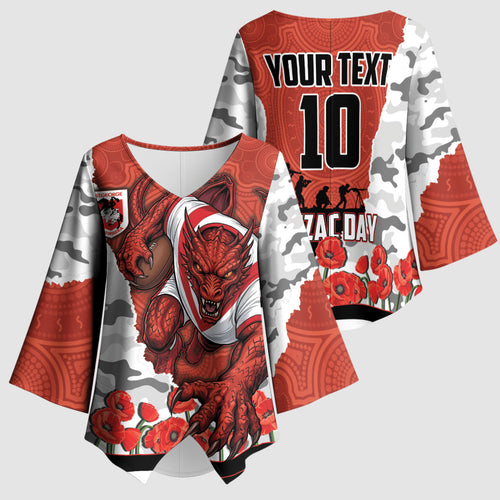Personalized Dragons ANZAC Tribute Kimono Sleeve Blouse Poppy Field Soldier Silhouette Aboriginal Rugby Mascot