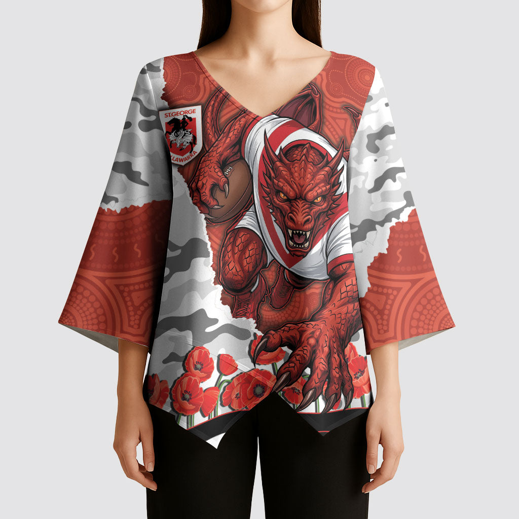 Personalized Dragons ANZAC Tribute Kimono Sleeve Blouse Poppy Field Soldier Silhouette Aboriginal Rugby Mascot