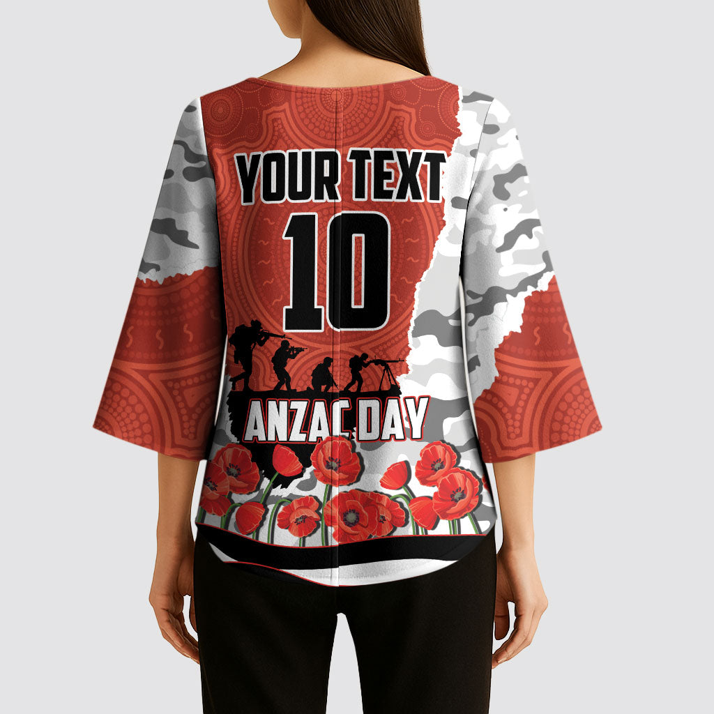 Personalized Dragons ANZAC Tribute Kimono Sleeve Blouse Poppy Field Soldier Silhouette Aboriginal Rugby Mascot