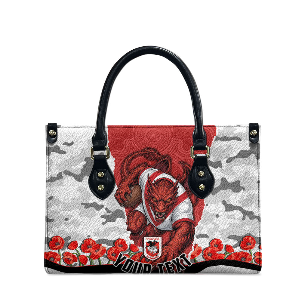 Personalized Dragons ANZAC Tribute Leather Bag Poppy Field Soldier Silhouette Aboriginal Rugby Mascot