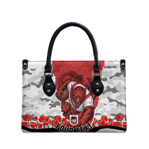 Personalized Dragons ANZAC Tribute Leather Bag Poppy Field Soldier Silhouette Aboriginal Rugby Mascot