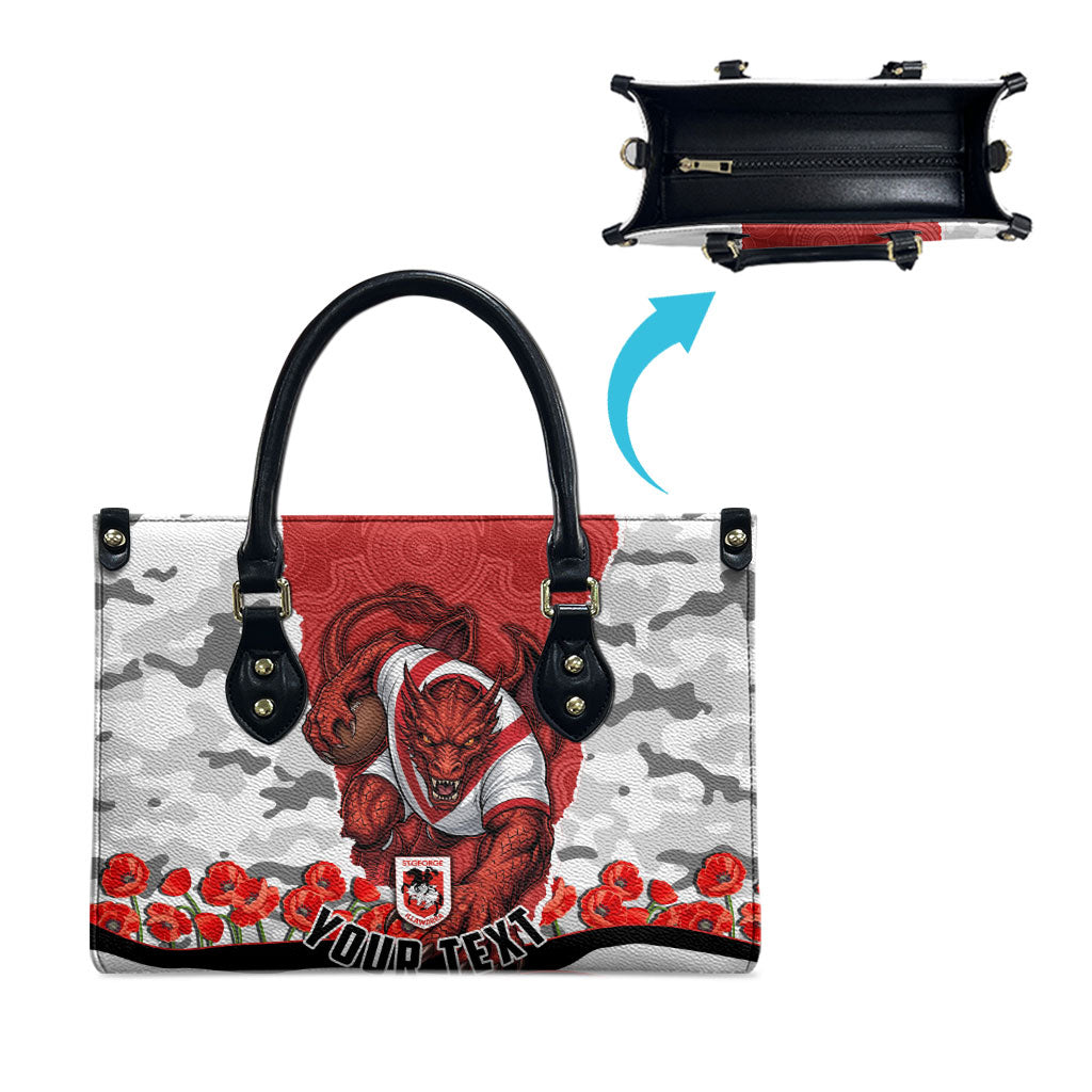 Personalized Dragons ANZAC Tribute Leather Bag Poppy Field Soldier Silhouette Aboriginal Rugby Mascot
