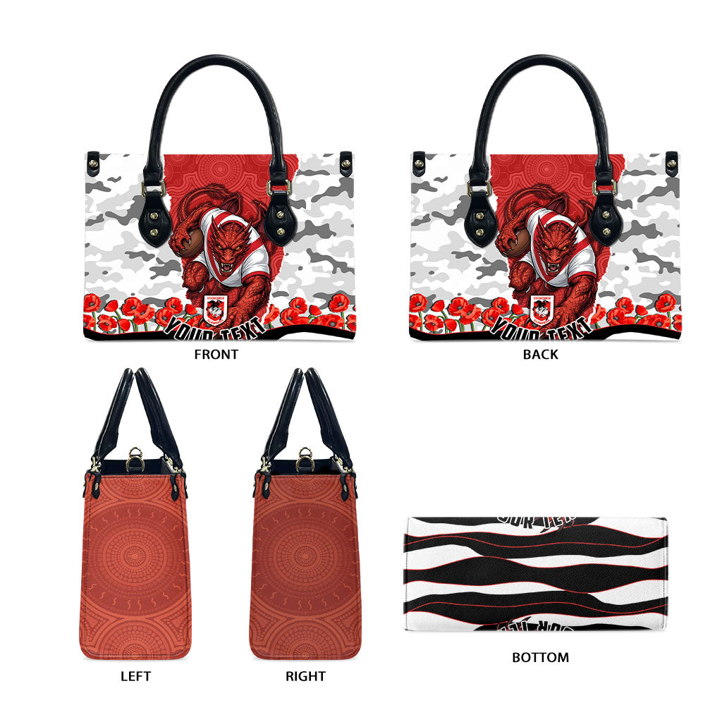 Personalized Dragons ANZAC Tribute Leather Bag Poppy Field Soldier Silhouette Aboriginal Rugby Mascot