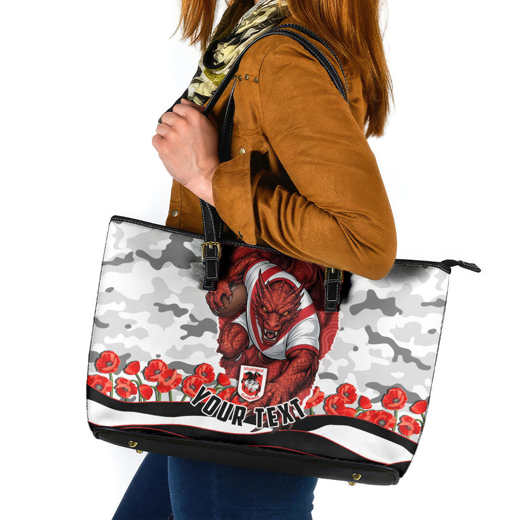 Personalized Dragons ANZAC Tribute Leather Tote Bag Poppy Field Soldier Silhouette Aboriginal Rugby Mascot