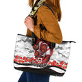 Personalized Dragons ANZAC Tribute Leather Tote Bag Poppy Field Soldier Silhouette Aboriginal Rugby Mascot