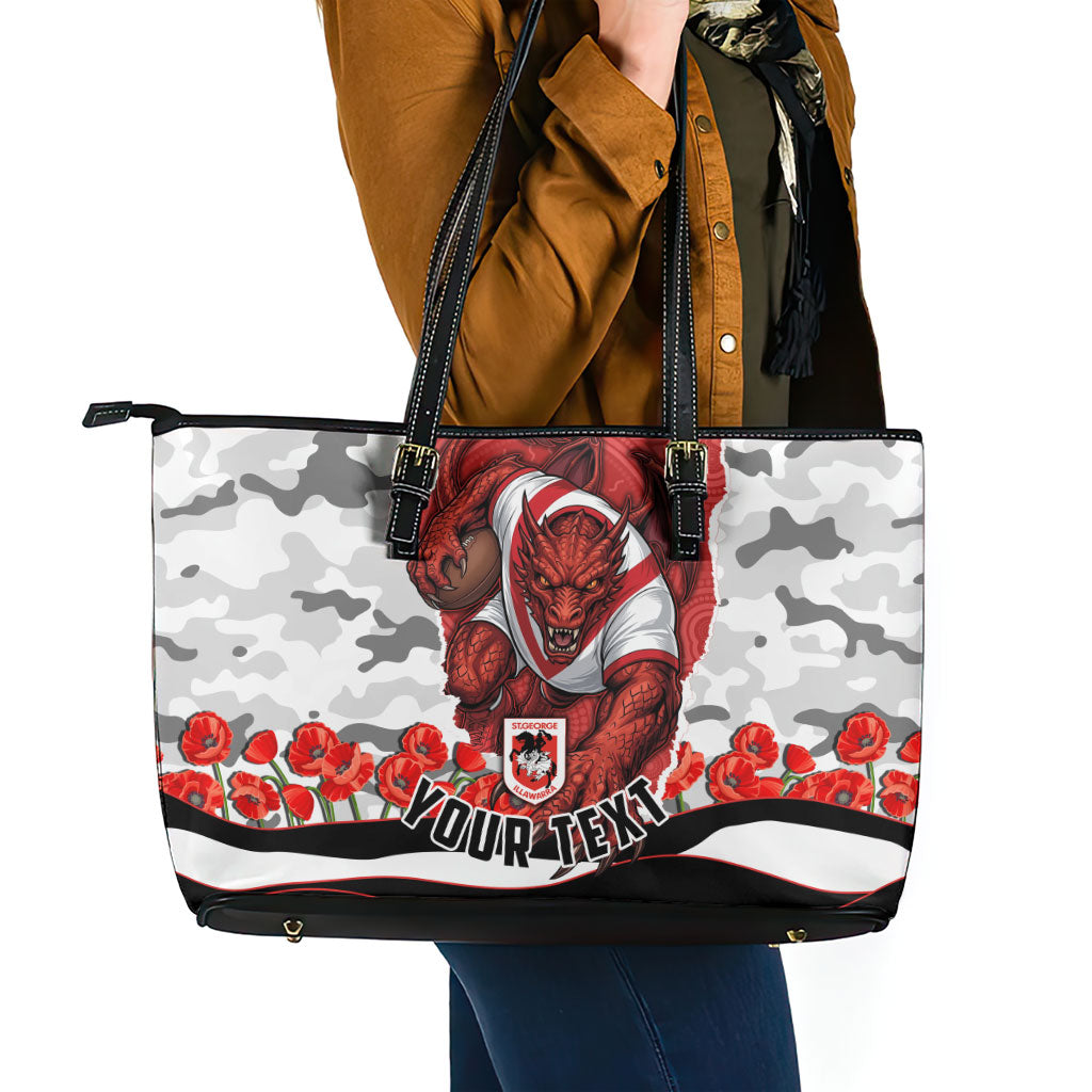 Personalized Dragons ANZAC Tribute Leather Tote Bag Poppy Field Soldier Silhouette Aboriginal Rugby Mascot