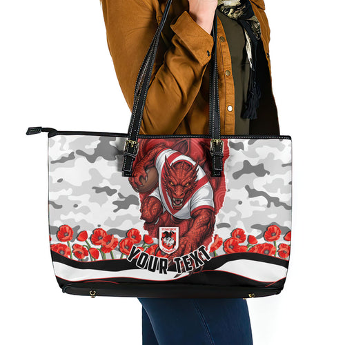 Personalized Dragons ANZAC Tribute Leather Tote Bag Poppy Field Soldier Silhouette Aboriginal Rugby Mascot