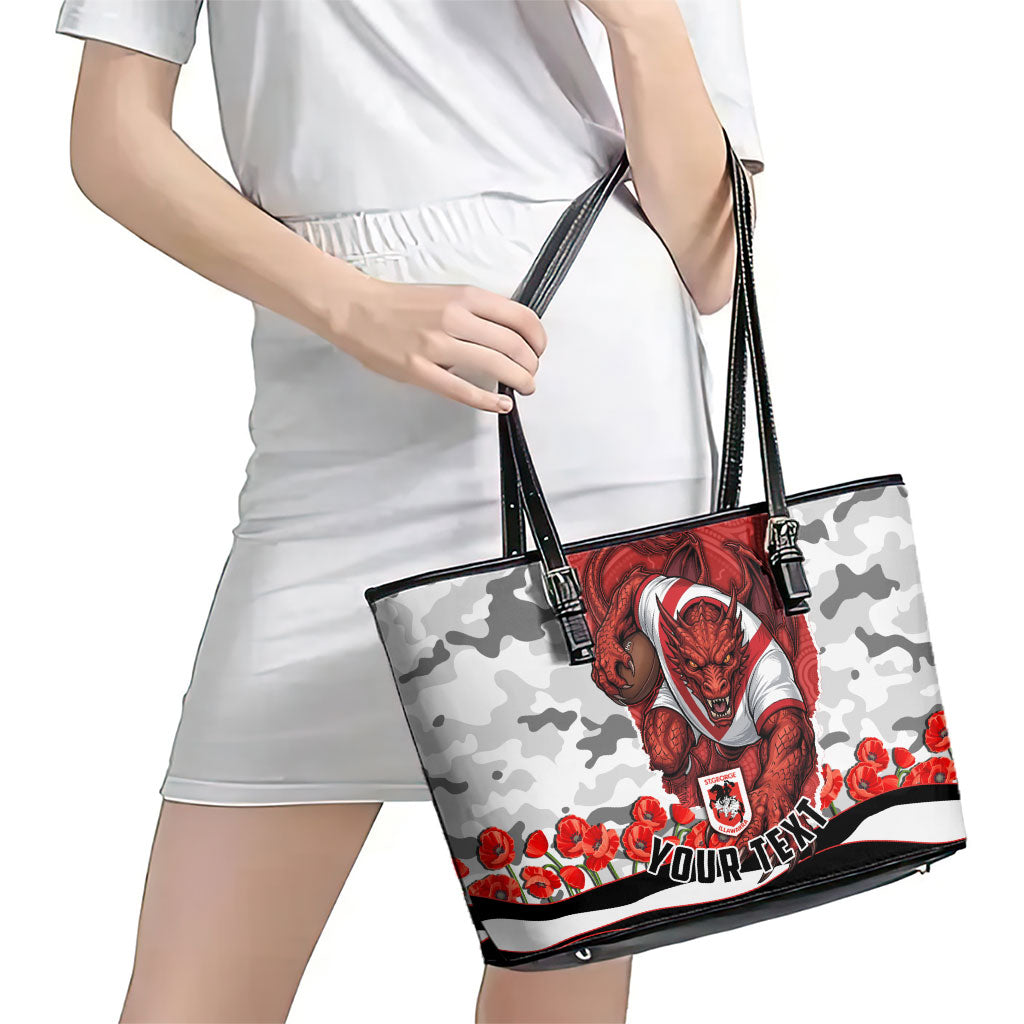 Personalized Dragons ANZAC Tribute Leather Tote Bag Poppy Field Soldier Silhouette Aboriginal Rugby Mascot