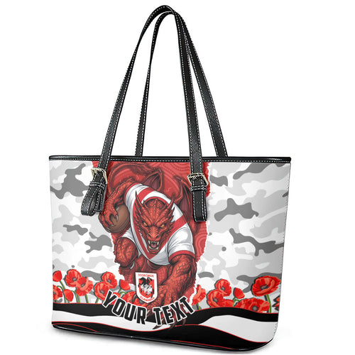 Personalized Dragons ANZAC Tribute Leather Tote Bag Poppy Field Soldier Silhouette Aboriginal Rugby Mascot