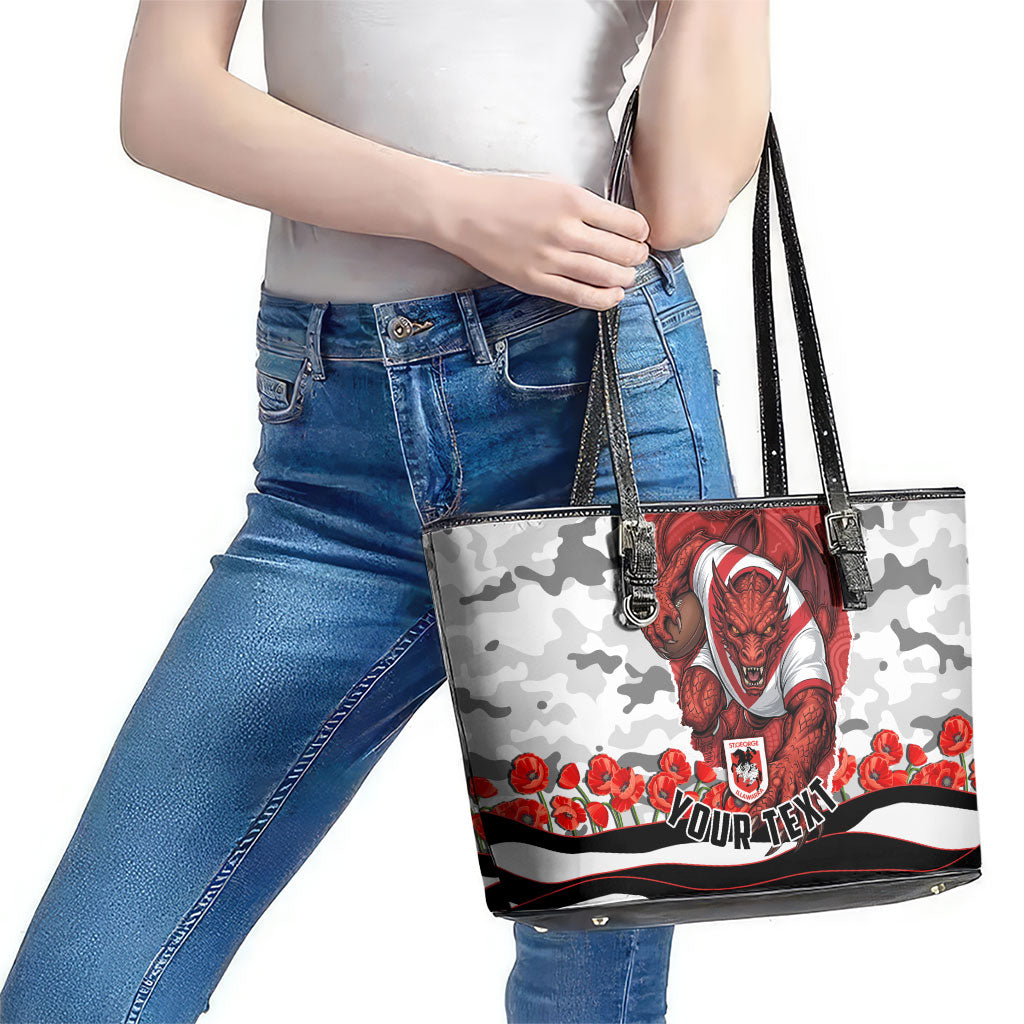 Personalized Dragons ANZAC Tribute Leather Tote Bag Poppy Field Soldier Silhouette Aboriginal Rugby Mascot