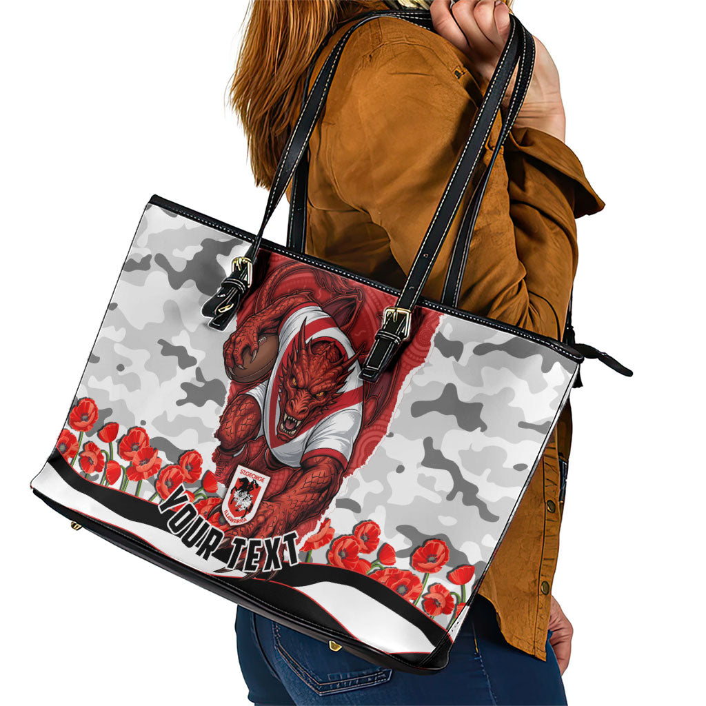 Personalized Dragons ANZAC Tribute Leather Tote Bag Poppy Field Soldier Silhouette Aboriginal Rugby Mascot