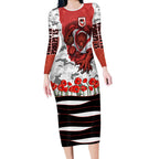 Personalized Dragons ANZAC Tribute Long Sleeve Bodycon Dress Poppy Field Soldier Silhouette Aboriginal Rugby Mascot