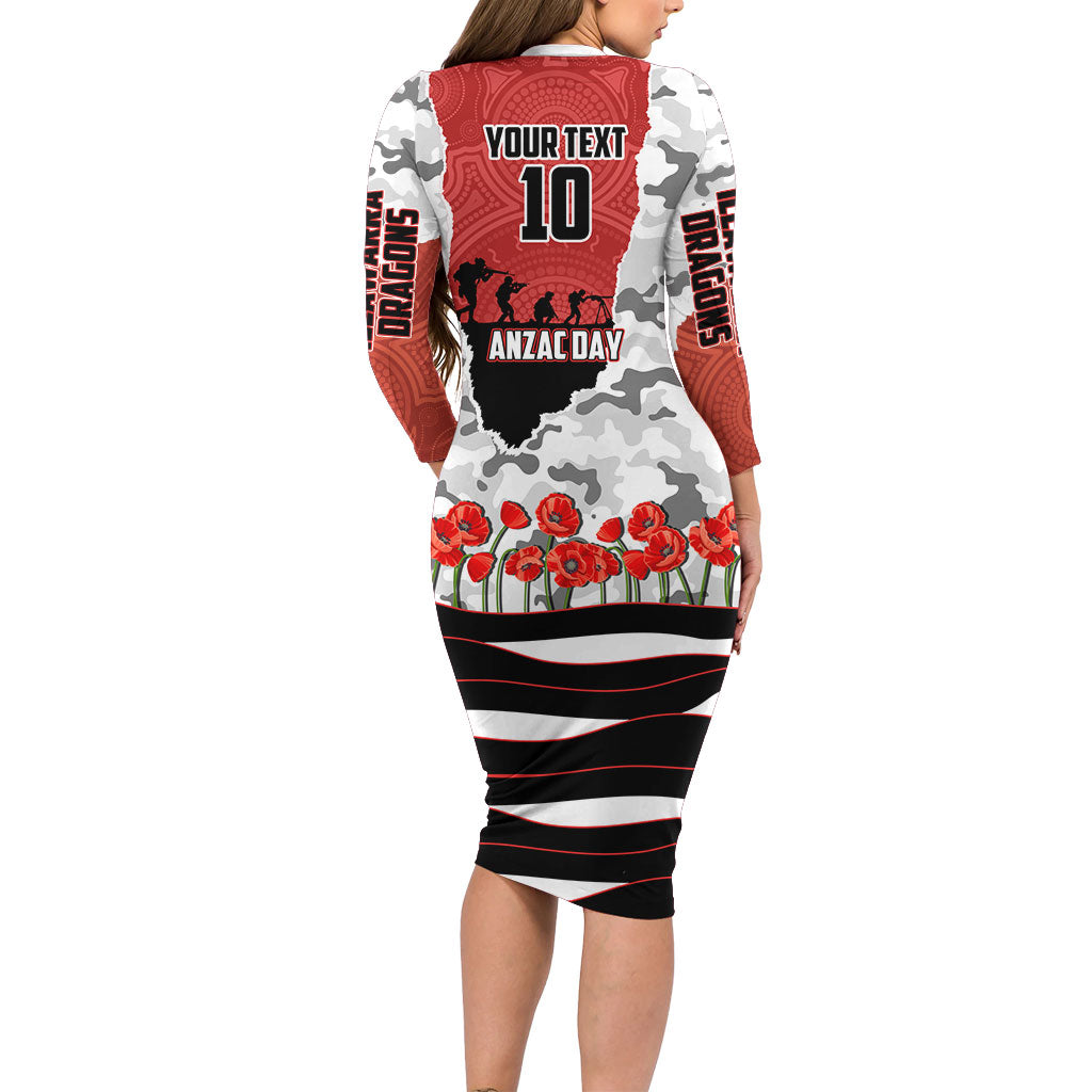 Personalized Dragons ANZAC Tribute Long Sleeve Bodycon Dress Poppy Field Soldier Silhouette Aboriginal Rugby Mascot