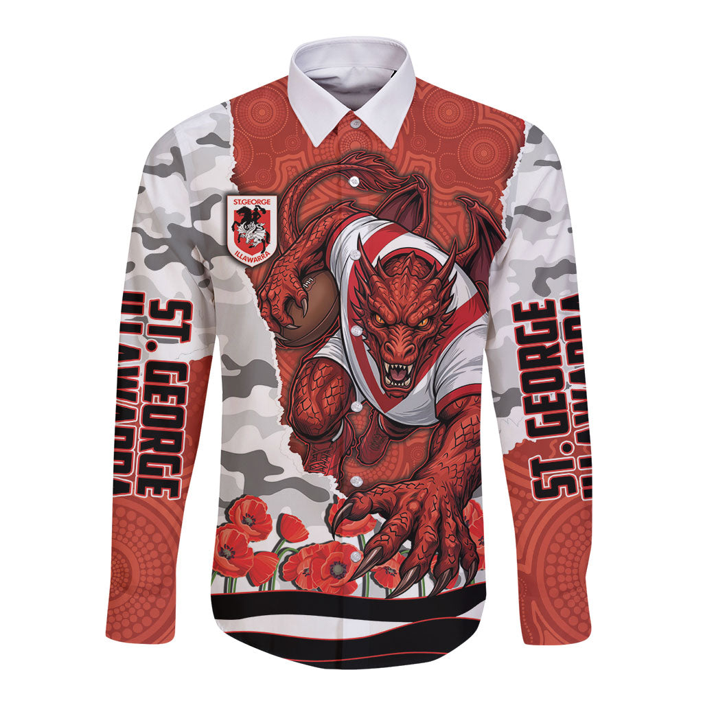 Personalized Dragons ANZAC Tribute Long Sleeve Button Shirt Poppy Field Soldier Silhouette Aboriginal Rugby Mascot