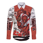 Personalized Dragons ANZAC Tribute Long Sleeve Button Shirt Poppy Field Soldier Silhouette Aboriginal Rugby Mascot